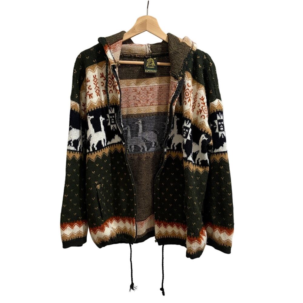 VTG Tejidos Ruminahui Hoodie Sweater Mens Medium Llama Pattern Wool Zip Up Aztec